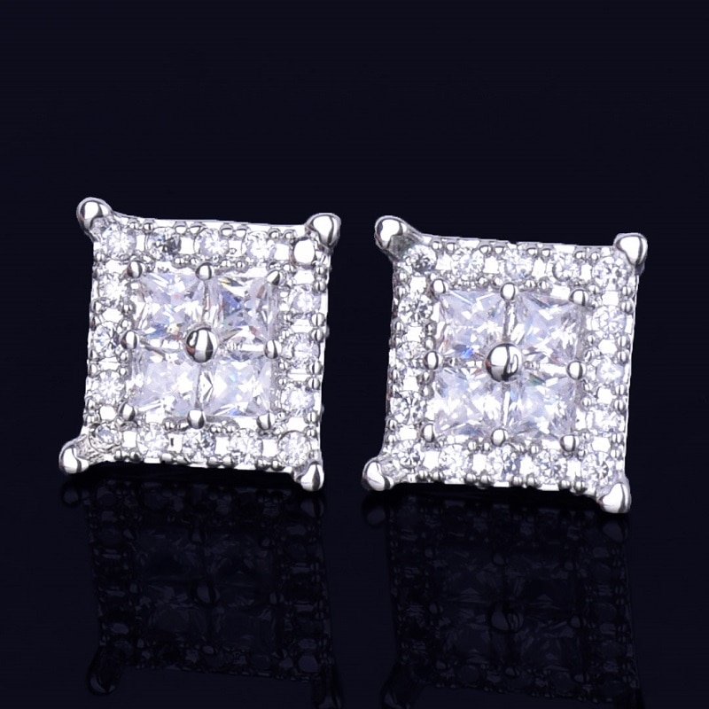 Boucles d'Oreilles Carrées Argentées 12mm Zircon Baguette - 4