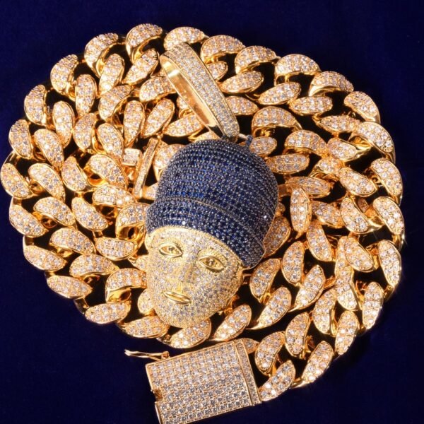 Pendentif Visage Doré avec Zircon Bleu - 5