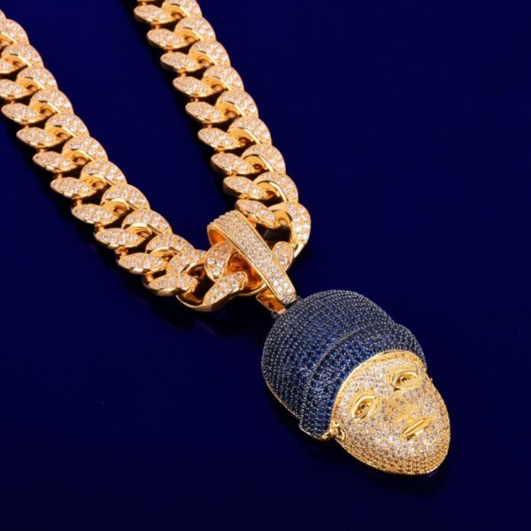 Pendentif Visage Doré avec Zircon Bleu - 4