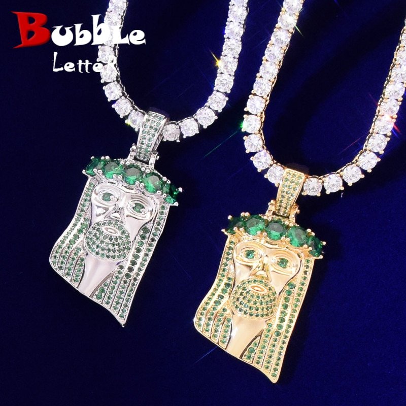 Green Zircon Jesus Head Pendant Necklace - 1