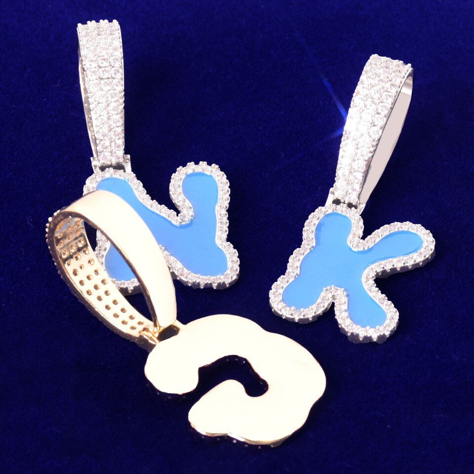 Blue Oil Letter Necklace with Tennis Chain - 3