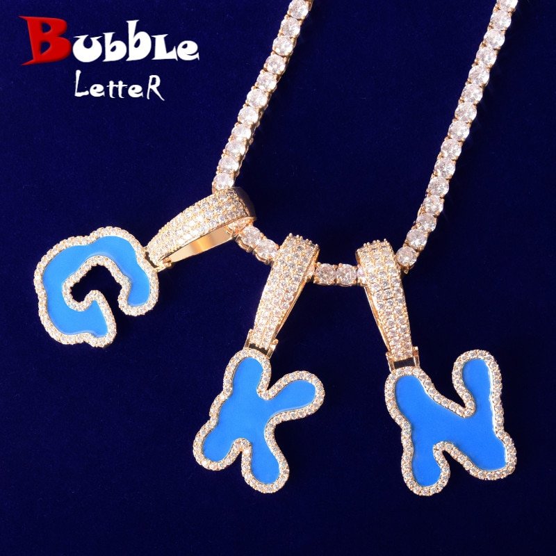 Blue Oil Letter Necklace with Tennis Chain - 1