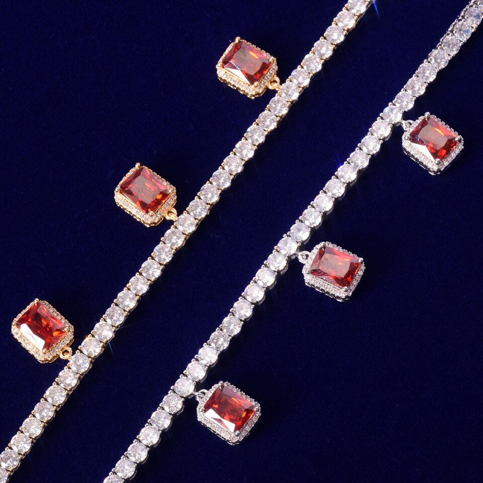Tennis Chain Necklace with Red Zircon Pendant - 3