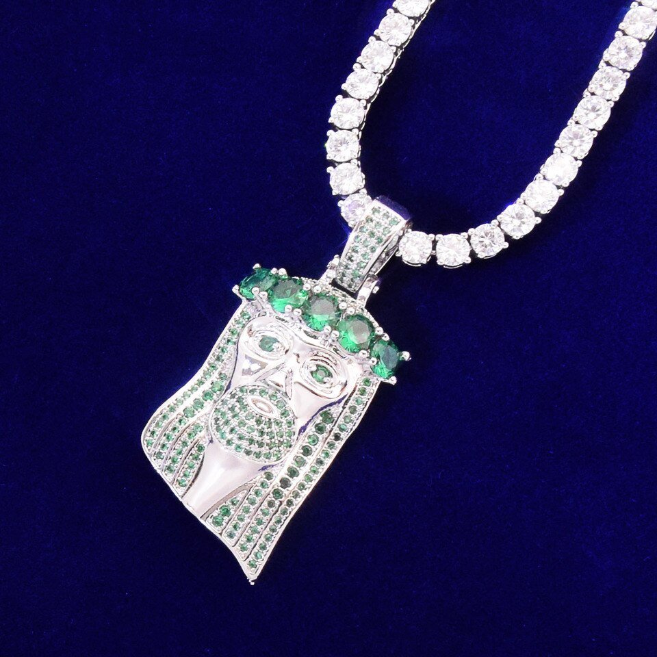 Green Zircon Jesus Head Pendant Necklace - 6