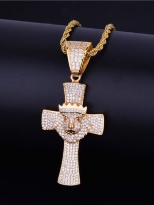 Gold Lion Head Cross Pendant