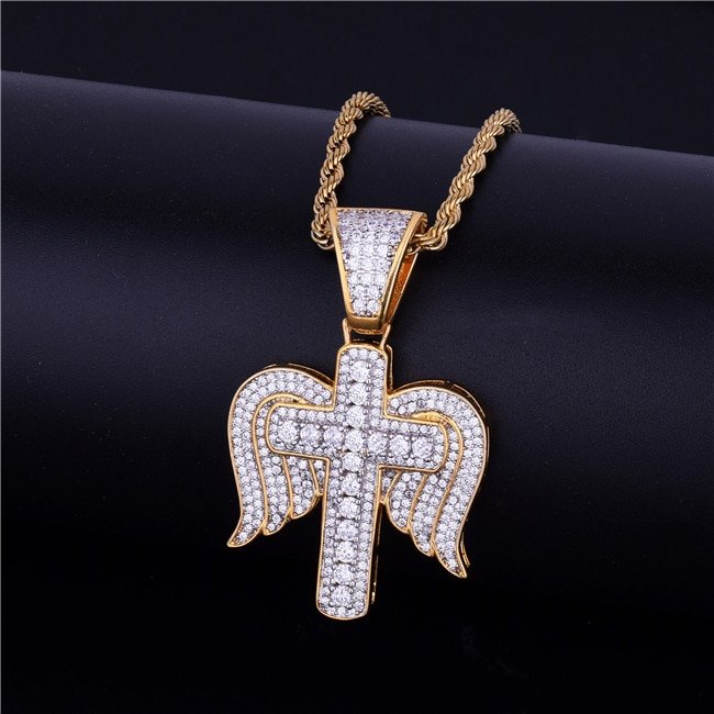 Winged Cross Pendant Necklace Gold - 3