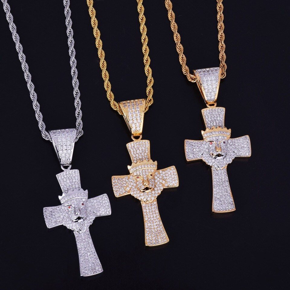 Gold Lion Head Cross Pendant - 4 Gold Lion Head Cross Pendant - 4