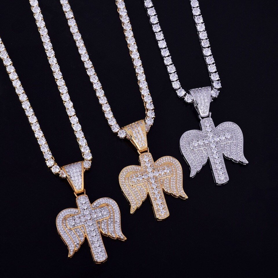 Winged Cross Pendant Necklace Gold - 4