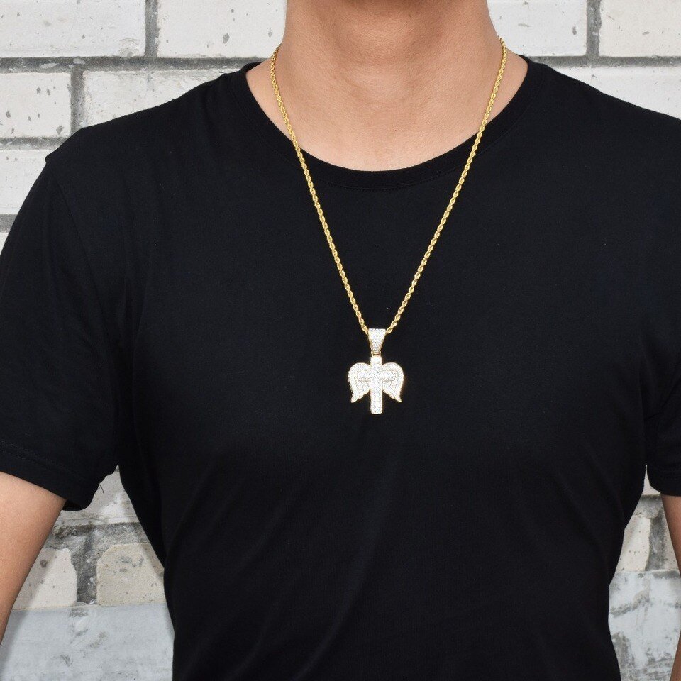 Winged Cross Pendant Necklace Gold - 6