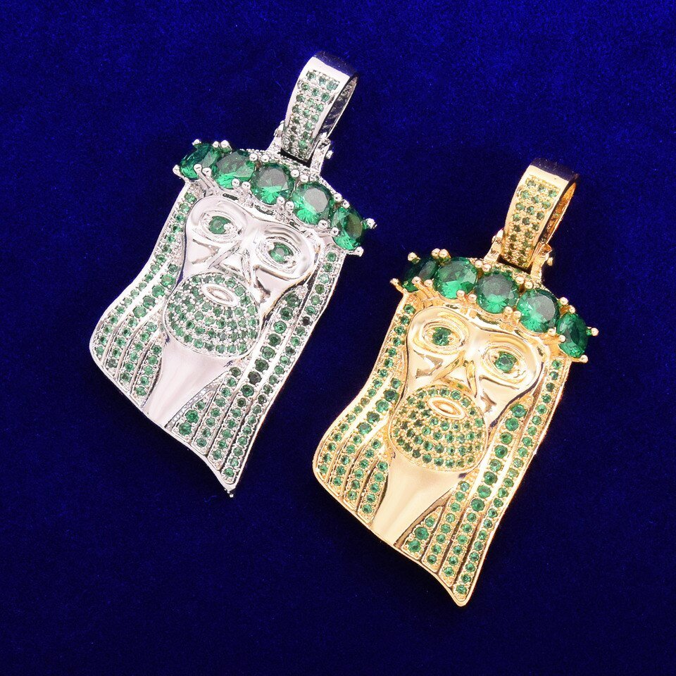 Green Zircon Jesus Head Pendant Necklace - 4