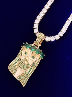 Green Zircon Jesus Head Pendant Necklace