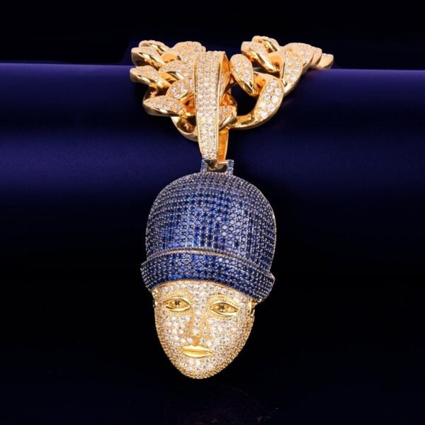 Pendentif Visage Doré avec Zircon Bleu - 6