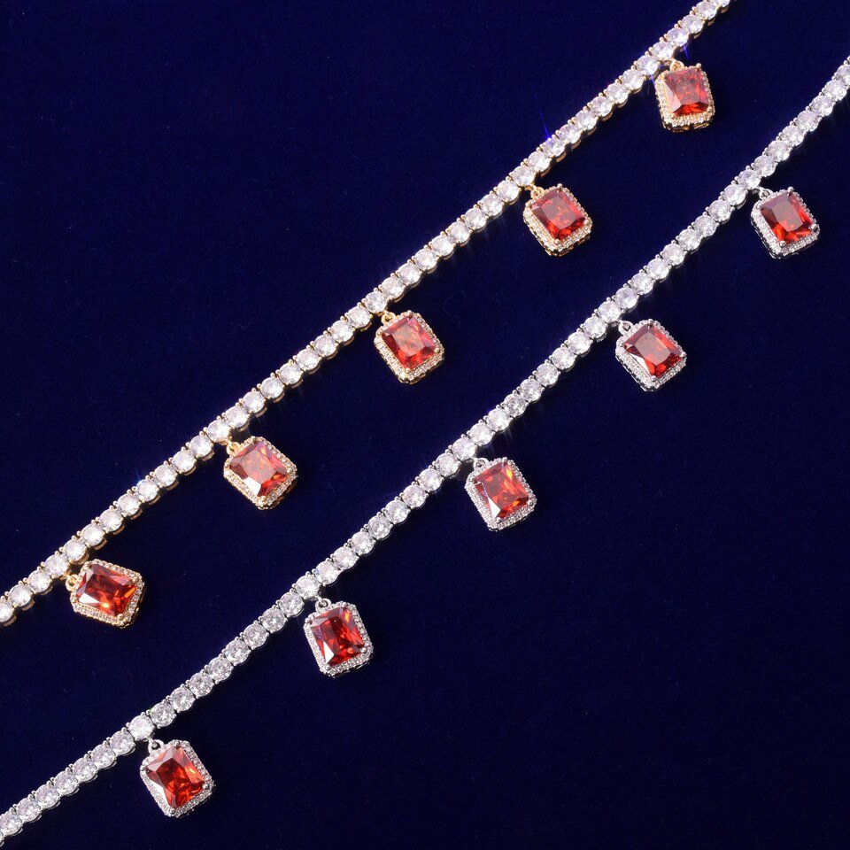 Tennis Chain Necklace with Red Zircon Pendant - 2