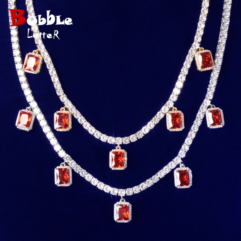 Tennis Chain Necklace with Red Zircon Pendant - 1