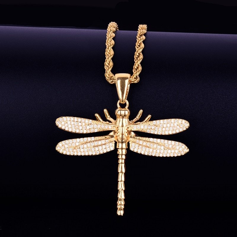 Golden Dragonfly Necklace with Zircon - 7
