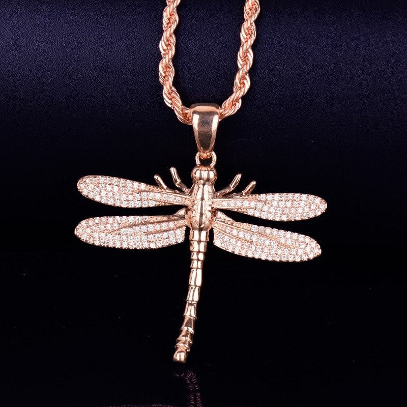 Golden Dragonfly Necklace with Zircon - 8