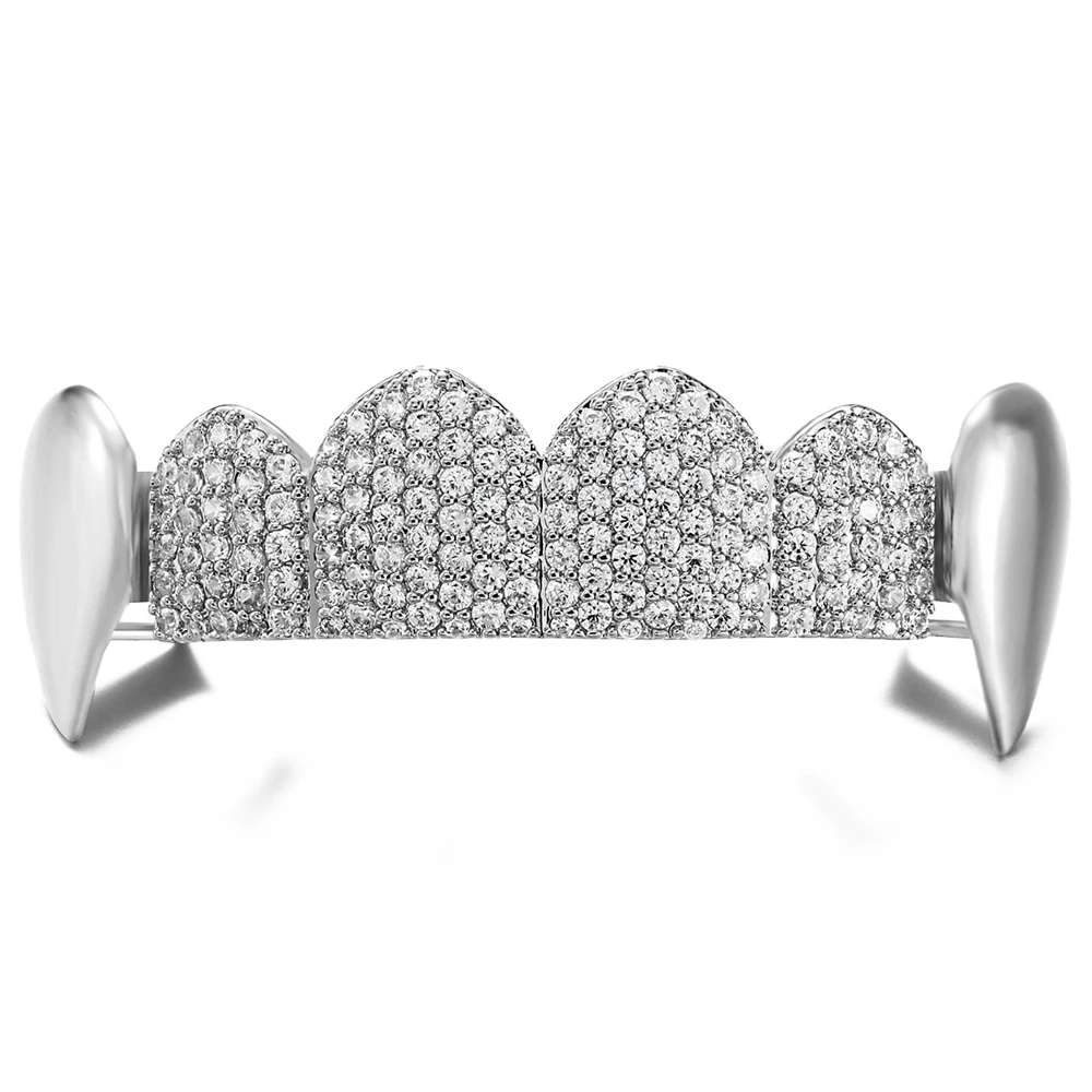 Silver Satin Finish Grillz with Rhinestones - 9
